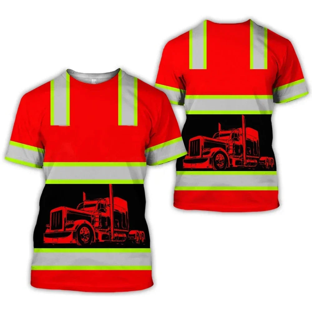 Workwear Summer Breathable Mens T Shirt 3D Print Style Truck Driver Safety Transport Uniform Oversize Loose Top