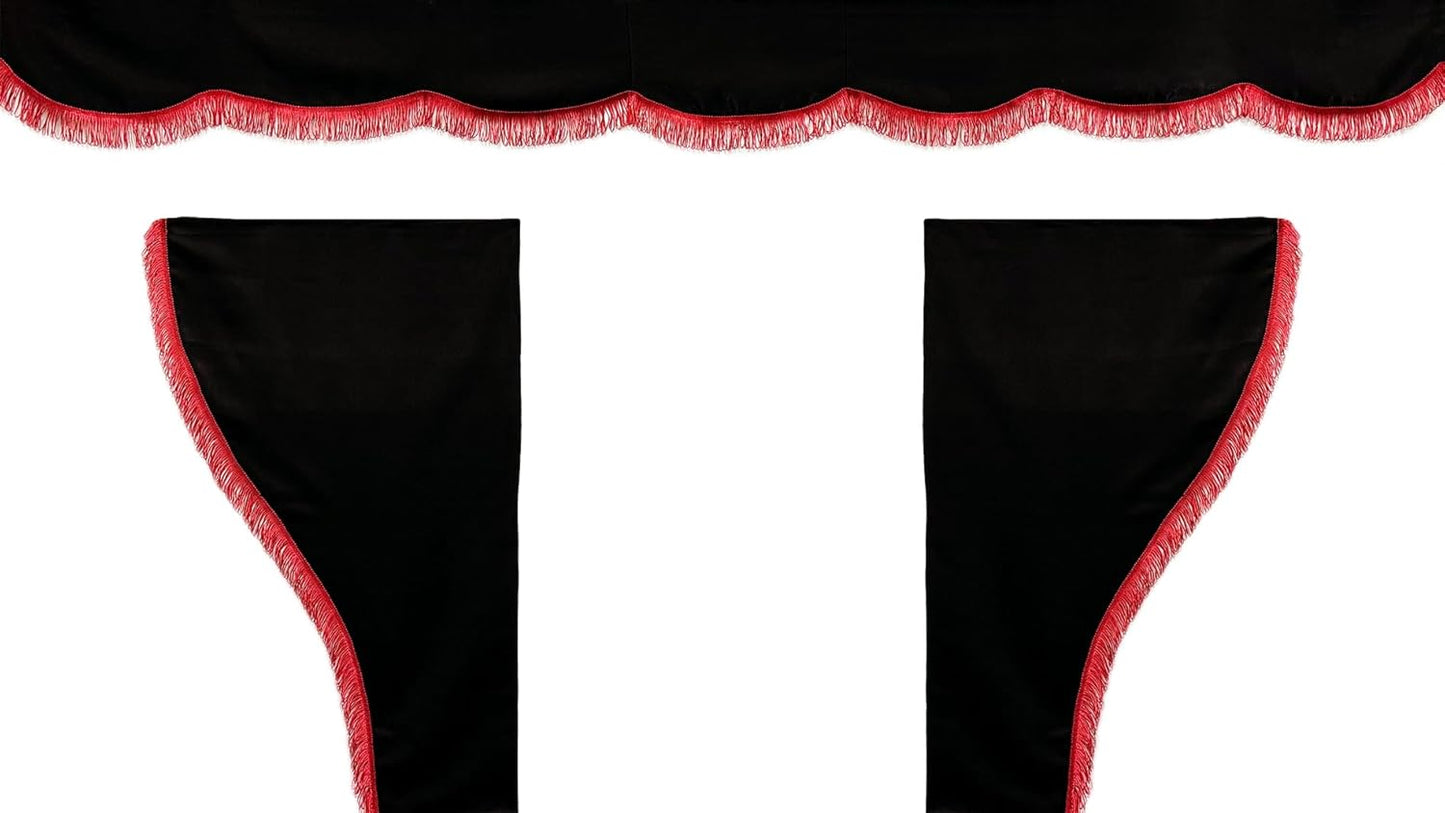 Juego de 3 cortinas para camiones en negro con flecos rojos