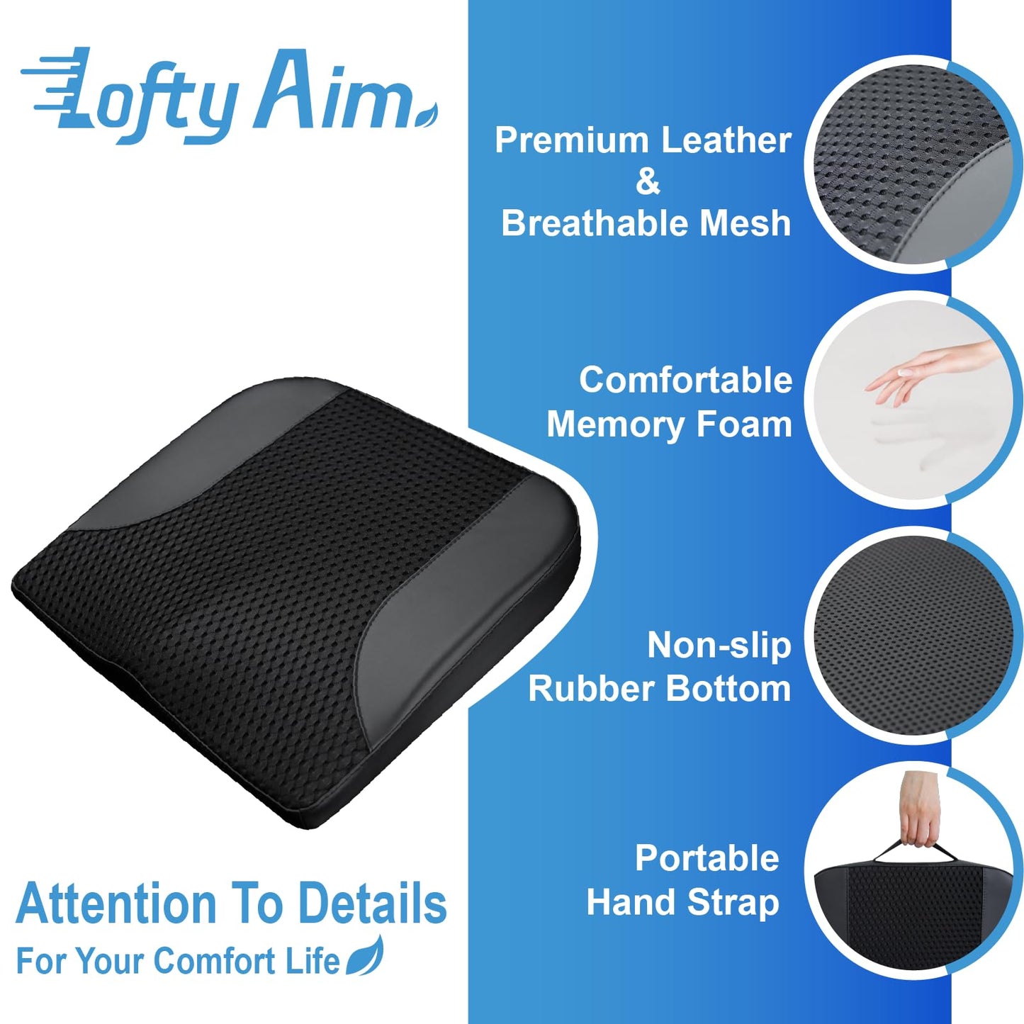 Cojín de asiento de coche: cómodo cojín de espuma viscoelástica para conducir, para aliviar el dolor de ciática, tahone, cojín de asiento para coche, camión, oficina, silla de ruedas, cuero y malla 4D
