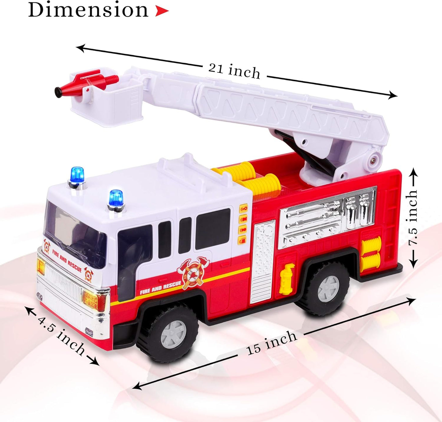 Playkidiz 15 Pulgada Juguete de camión de Bomberos para niños con Luces y Sonidos de Sirena, clásico Rojo y Blanco vehículo, Interactivo Jugar Escalera móvil, diversión de Aprendizaje temprano