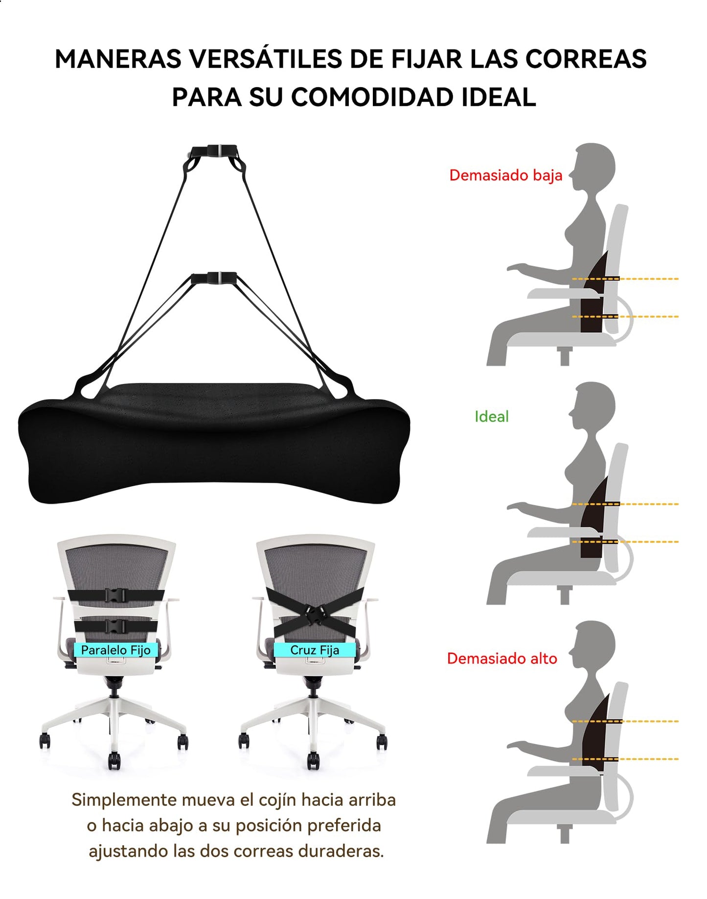 Travel Ease Cojín de Soporte Lumbar Ergonómico, Respaldo de Espuma Viscoelástica para Asiento de Automóvil, Silla de Oficina, Respaldo con Cubierta Antiestática y Correas Ajustables Dobles, Negro