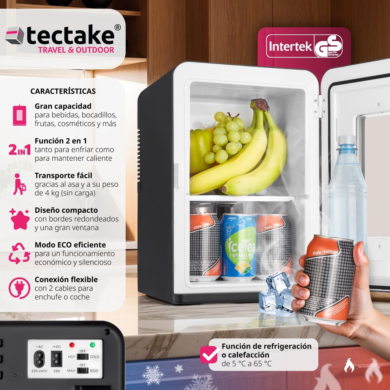 TecTake® mini nevera portatil electrica, nevera pequeña para cosméticos, frigorificos pequeños 2 en 1 con función enfriamiento y calefacción, cables AC/DC y modo ECO - Negro