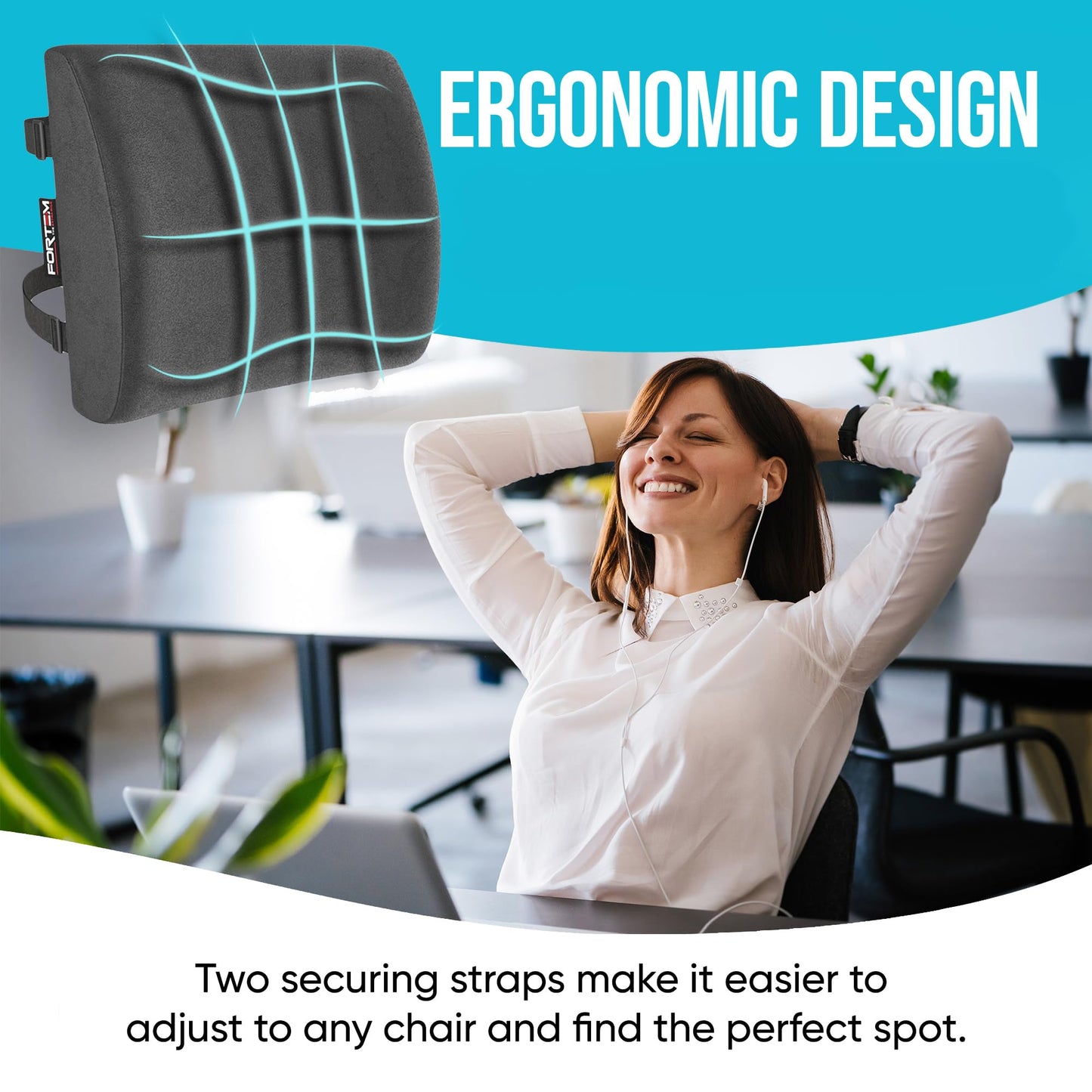 FORTEM Cojín Lumbar Ergonómico para Silla de Oficina, Coche y Gaming, con Espuma Viscoelástica de Alta Densidad y Funda Lavable, Respaldo Ortopédico para Mayor Comodidad