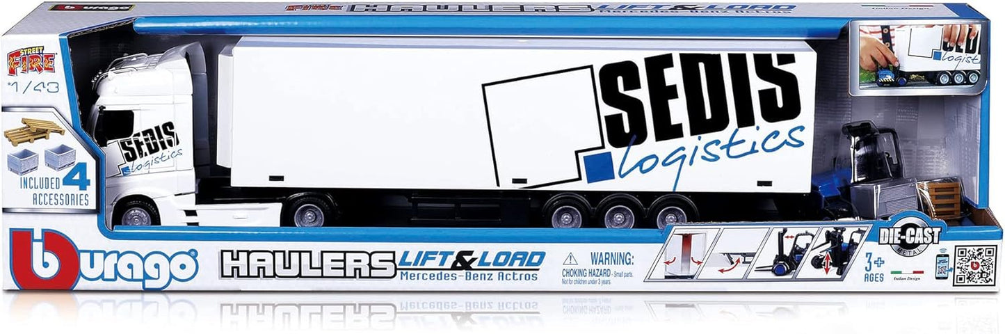 Bburago B18-31471 Street Fire HAULERS MB ACRTROS Palets de elevación y Carga fundidos, Escala 1:43, Modelo de camión Coleccionable