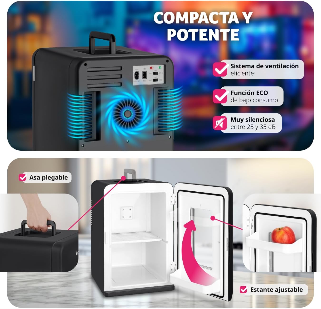 TecTake® mini nevera portatil electrica, nevera pequeña para cosméticos, frigorificos pequeños 2 en 1 con función enfriamiento y calefacción, cables AC/DC y modo ECO - Negro