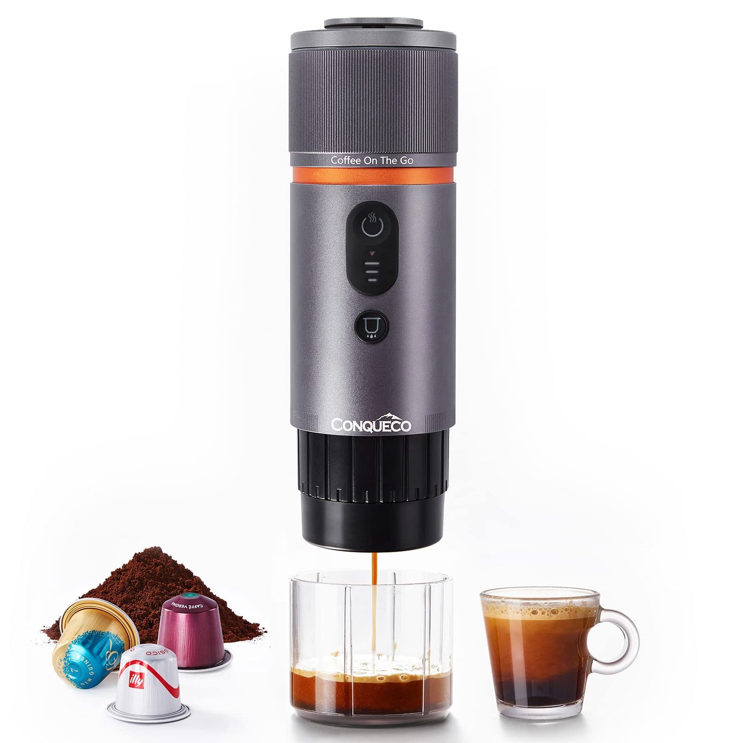 CONQUECO Cafetera Portátil con Cápsula de Espresso - 12V Máquina de Café Electrica con Batería - para Coche Camión y Viajes - Compatible con Cápsulas Originales Nespresso y Cápsula L'or