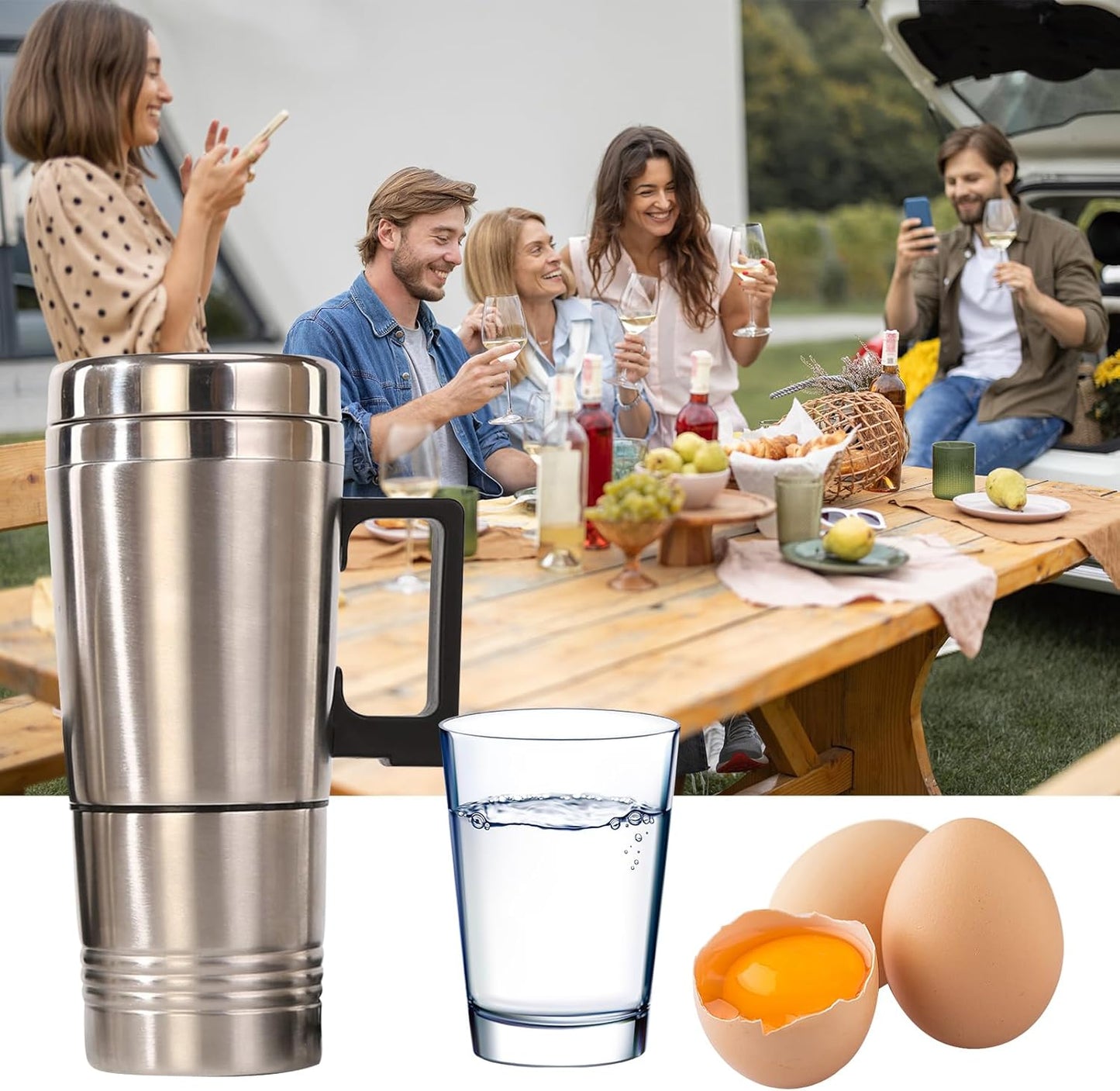 Ldafava Taza Calefactora Para Coche, Taza De Viaje Calefactable De Acero Inoxidable De 14 Onzas Con Tapa Antiderrames, Cable para encendedor de cigarrillos, cargador automático, termo aislado(24V)
