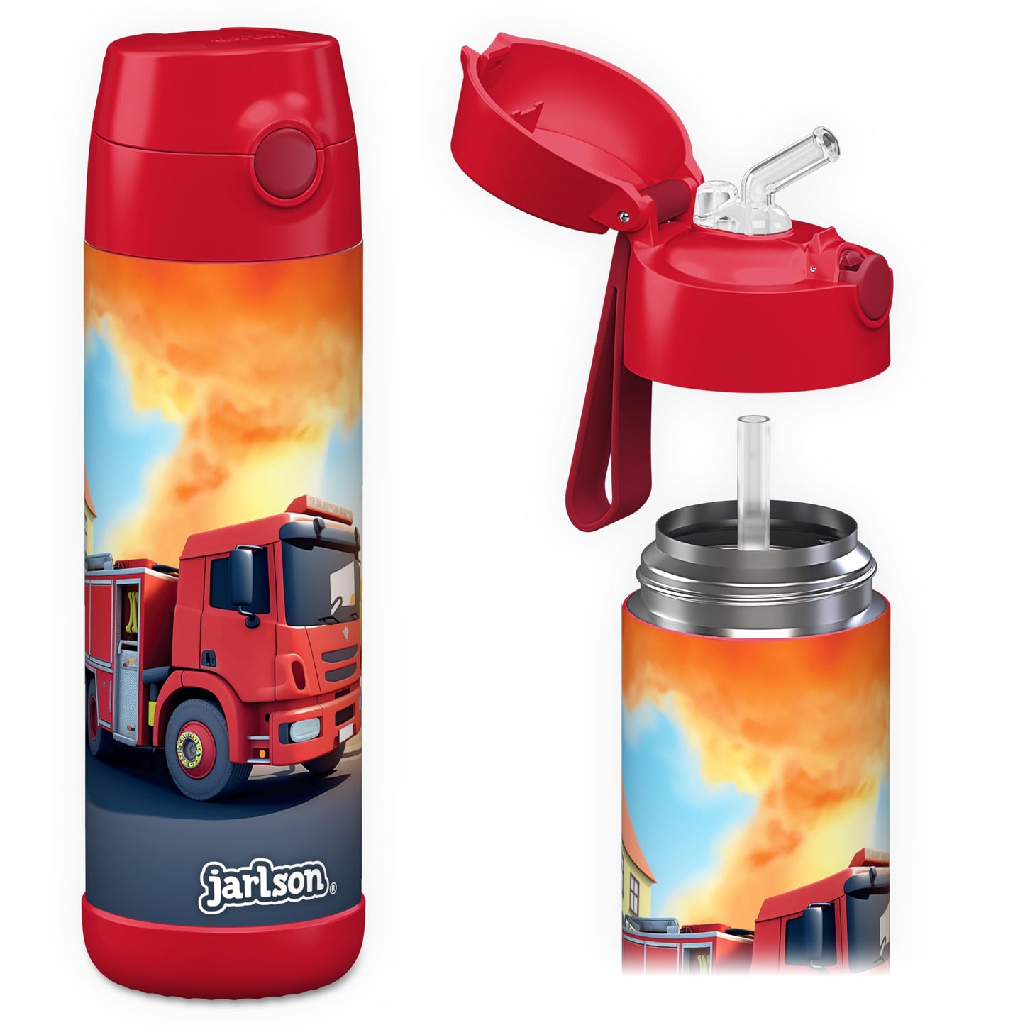 Jarlson®, Botella térmica de acero inoxidable, para niños, libre de BPA, botella para bebidas con pajilla, termo de 500 ml (Camión de bomberos rojo, 500 ml)