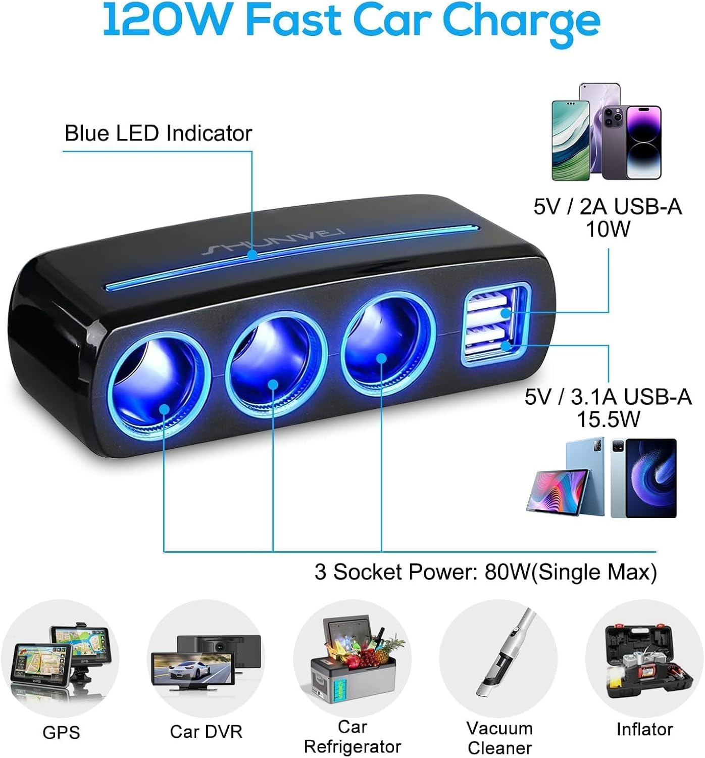 Linkstyle Adaptador de Encendedor de Cigarrillos, Cargador de Coche con 3 Tomas y Dos Puertos USB Divisor de Carga rápida para 12V/24V Dispositivos de Coche