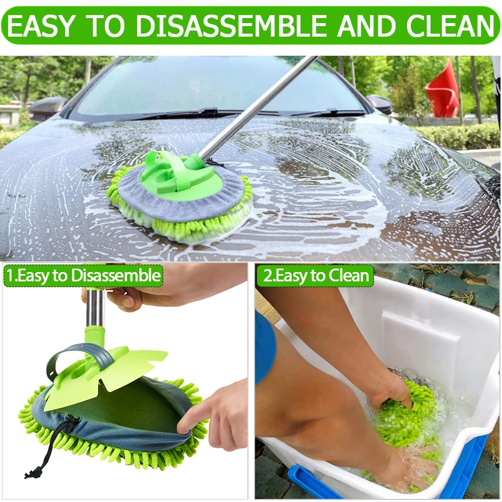 47.5" Cepillo Lavar Coche con Mango Brocha Kit Limpieza Autocaravana Automoviles Vehículos Camiones Camper 2 en 1 Chenille Microfibra Car Wash Brush Accesorios Carro No Dañar Pintura Libre Arañazos