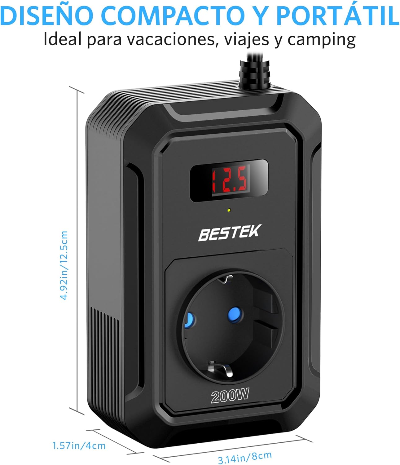BESTEK Inversor 12v 220v Onda Pura 200W,Transformador 12V a 220V Convertidor Onda con 2 AC Tomas Y 2 USB-C (65 W y 30 W) 2 USB-QC (18 W) sinusoidal con Protección para Barco,Caravana,Coche(Negro)