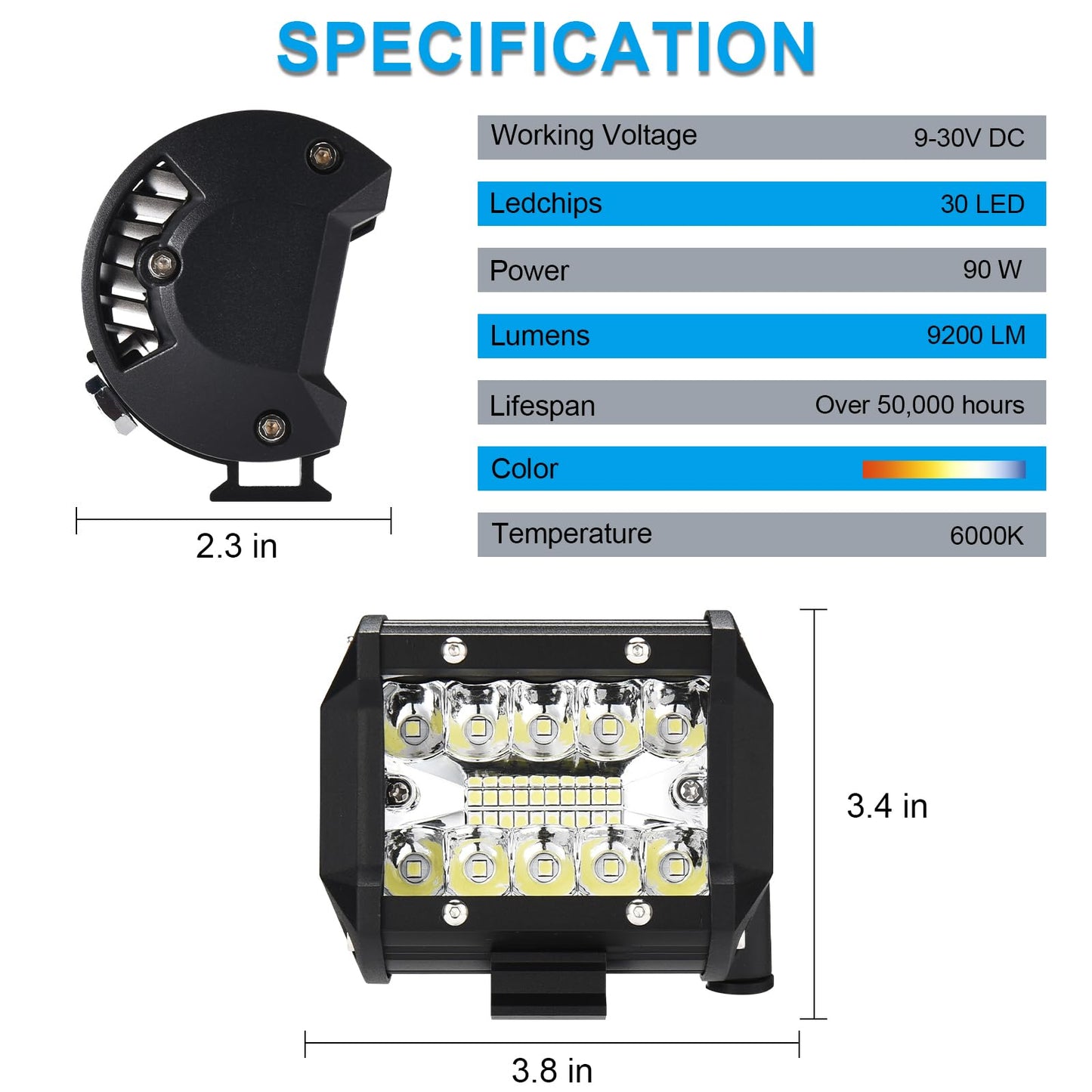 Kraumi Faro Trabajo LED de Coche 12V 7’’ 300W Faros Led 27,000LM 6000K IP67 Impermeable Off-road Foco para Moto ATV SUV Tractor Camión Barco
