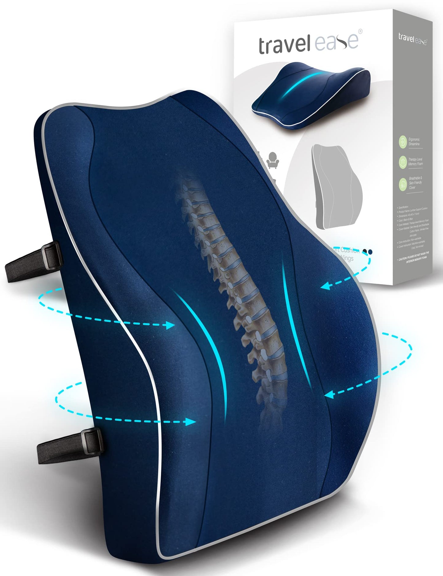 Travel Ease Cojín de Soporte Lumbar Ergonómico, Respaldo de Espuma Viscoelástica para Asiento de Automóvil, Silla de Oficina, Respaldo con Cubierta Antiestática y Correas Ajustables Dobles, Negro