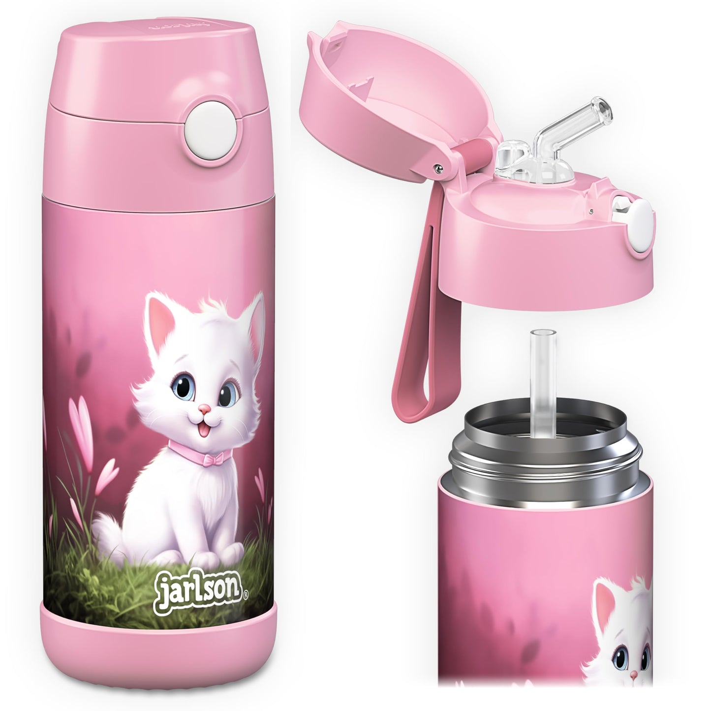Jarlson®, Botella térmica de acero inoxidable, para niños, libre de BPA, botella para bebidas con pajilla, termo de 500 ml (Camión de bomberos rojo, 500 ml)