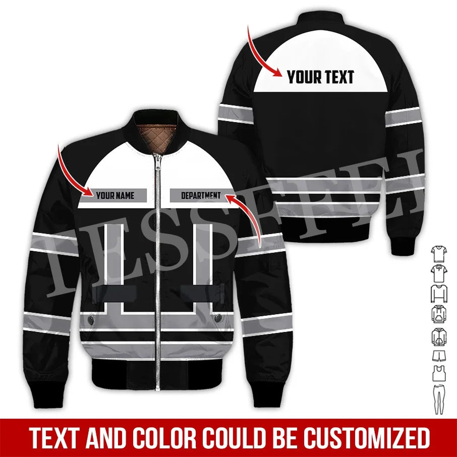 Custom Name Cosplay Worker Heavy Equipment Tow Truck Retro 3D Print Bomber Jacket Winter Harajuku Oversize Casual Flight Coat X1