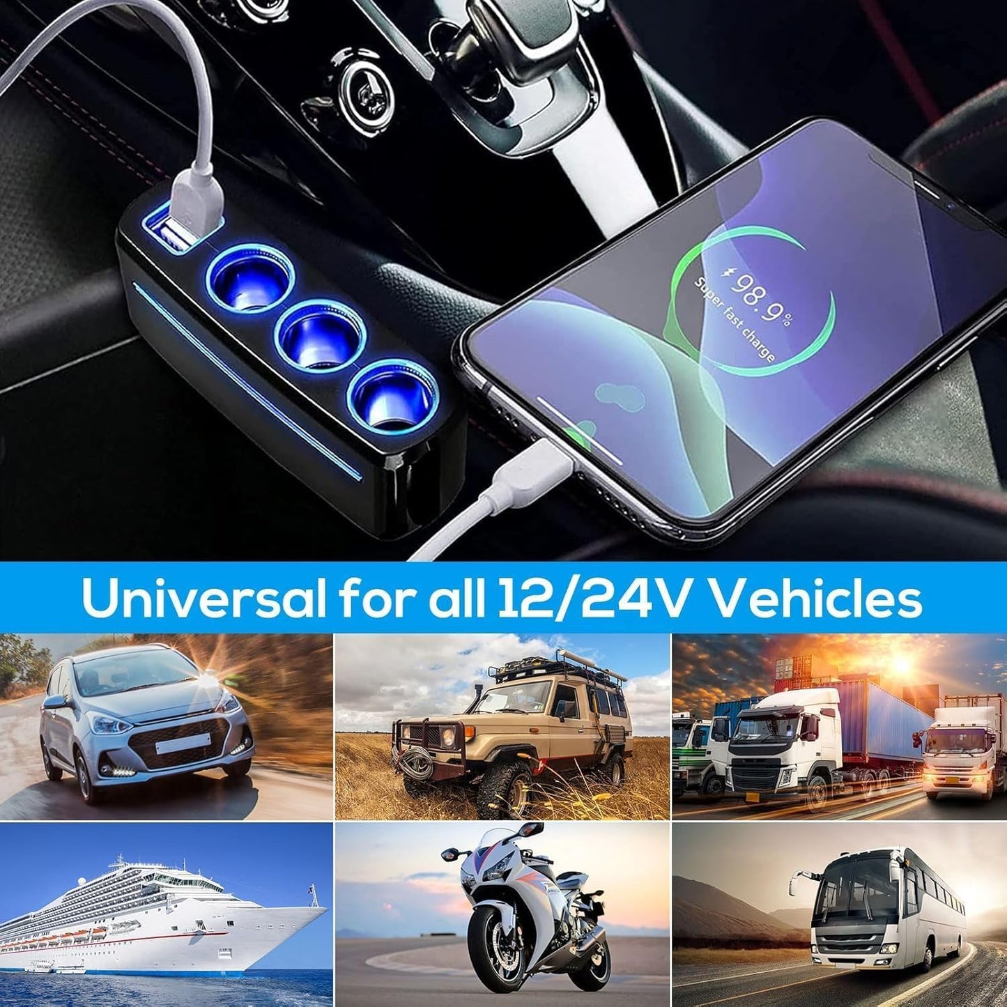 Linkstyle Adaptador de Encendedor de Cigarrillos, Cargador de Coche con 3 Tomas y Dos Puertos USB Divisor de Carga rápida para 12V/24V Dispositivos de Coche
