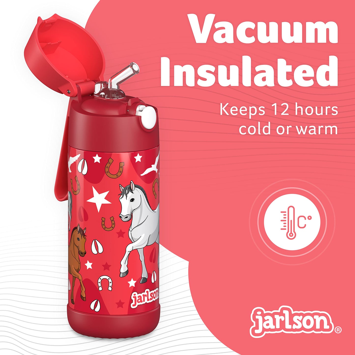Jarlson®, Botella térmica de acero inoxidable, para niños, libre de BPA, botella para bebidas con pajilla, termo de 500 ml (Camión de bomberos rojo, 500 ml)