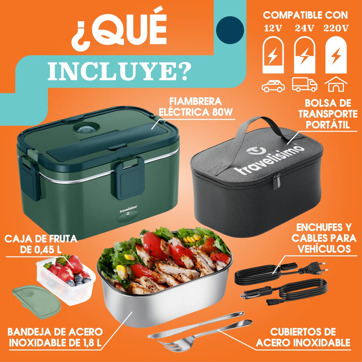 TRAVELISIMO - Fiambrera Electrica Extra Grande 1,8L - Taper Electrico para Comida 80W - Fiambrera Termica 3 en 1 12V/24V/220V - Fiambreras Comida Trabajo para Coche, Camión - Acero Inoxidable