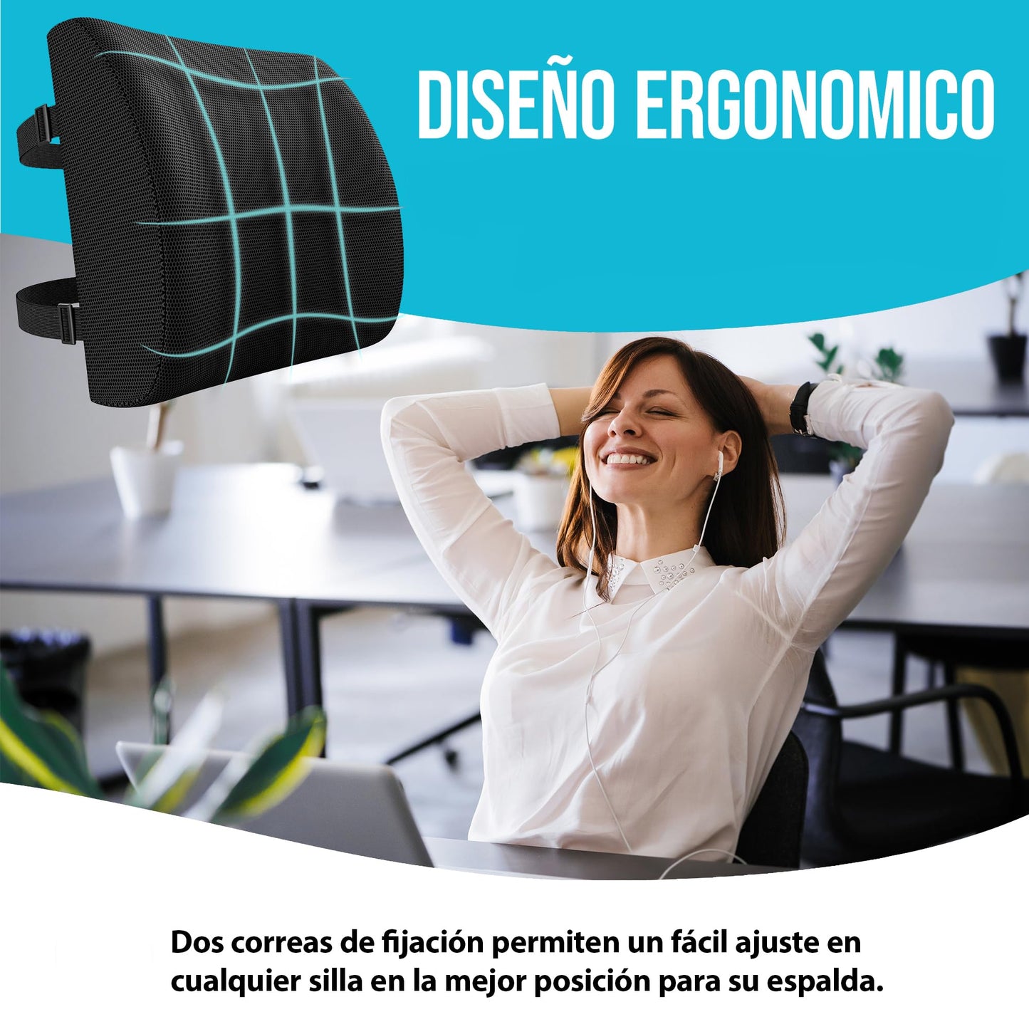 FORTEM Cojín Lumbar Ergonómico para Silla de Oficina, Coche y Gaming, con Espuma Viscoelástica de Alta Densidad y Funda Lavable, Respaldo Ortopédico para Mayor Comodidad