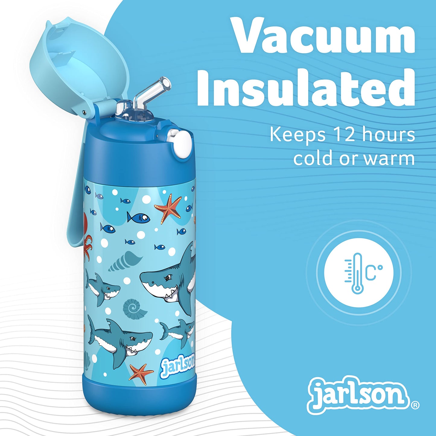 Jarlson®, Botella térmica de acero inoxidable, para niños, libre de BPA, botella para bebidas con pajilla, termo de 500 ml (Camión de bomberos rojo, 500 ml)