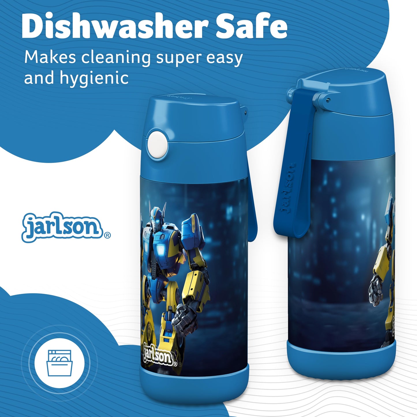 Jarlson®, Botella térmica de acero inoxidable, para niños, libre de BPA, botella para bebidas con pajilla, termo de 500 ml (Camión de bomberos rojo, 500 ml)
