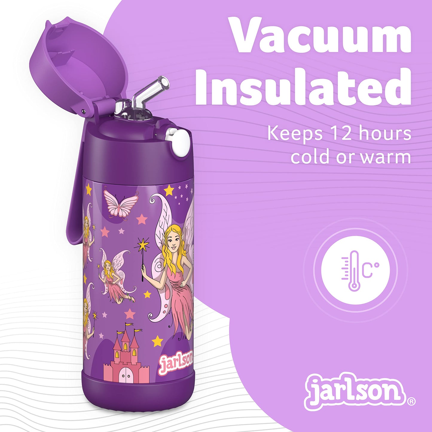 Jarlson®, Botella térmica de acero inoxidable, para niños, libre de BPA, botella para bebidas con pajilla, termo de 500 ml (Camión de bomberos rojo, 500 ml)