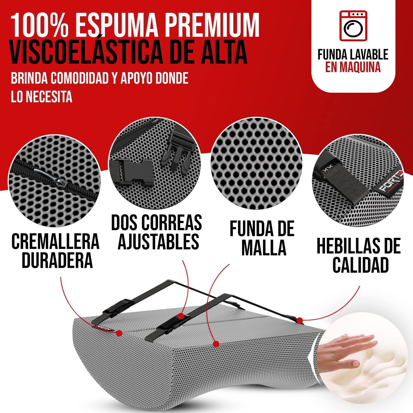 FORTEM Cojín Lumbar Ergonómico para Silla de Oficina, Coche y Gaming, con Espuma Viscoelástica de Alta Densidad y Funda Lavable, Respaldo Ortopédico para Mayor Comodidad