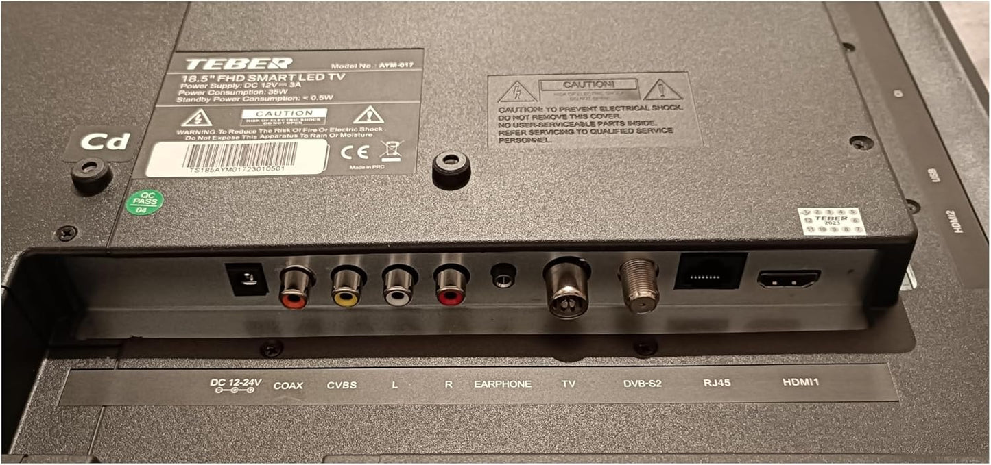 TEBER. Smart TV de 18,5 Pulgadas - 12v/24v/230v - Android 11 - Full HD. Gran resolución 1920x1080. DVB-S2/C/T2/T. para autocaravanas, cocinas, dormitorios, Campers, Barcos, Camiones (19").