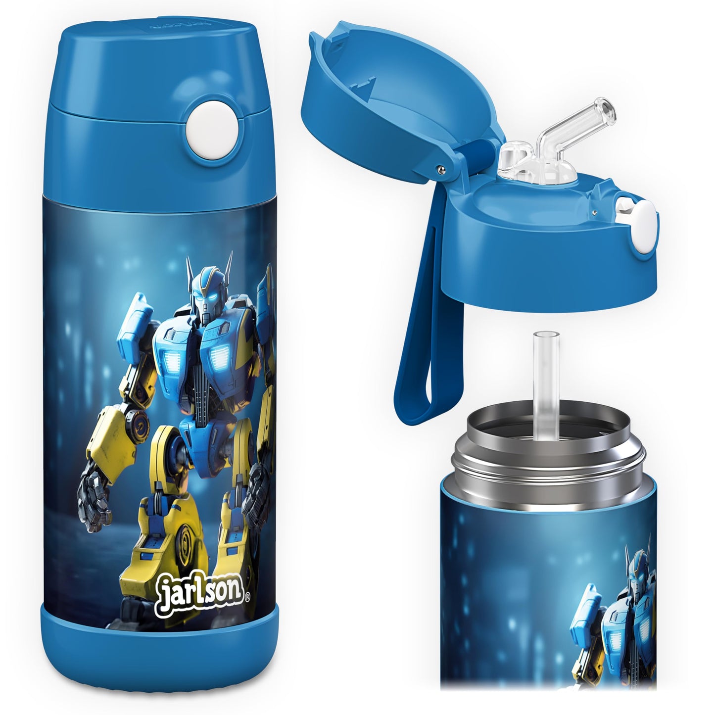 Jarlson®, Botella térmica de acero inoxidable, para niños, libre de BPA, botella para bebidas con pajilla, termo de 500 ml (Camión de bomberos rojo, 500 ml)