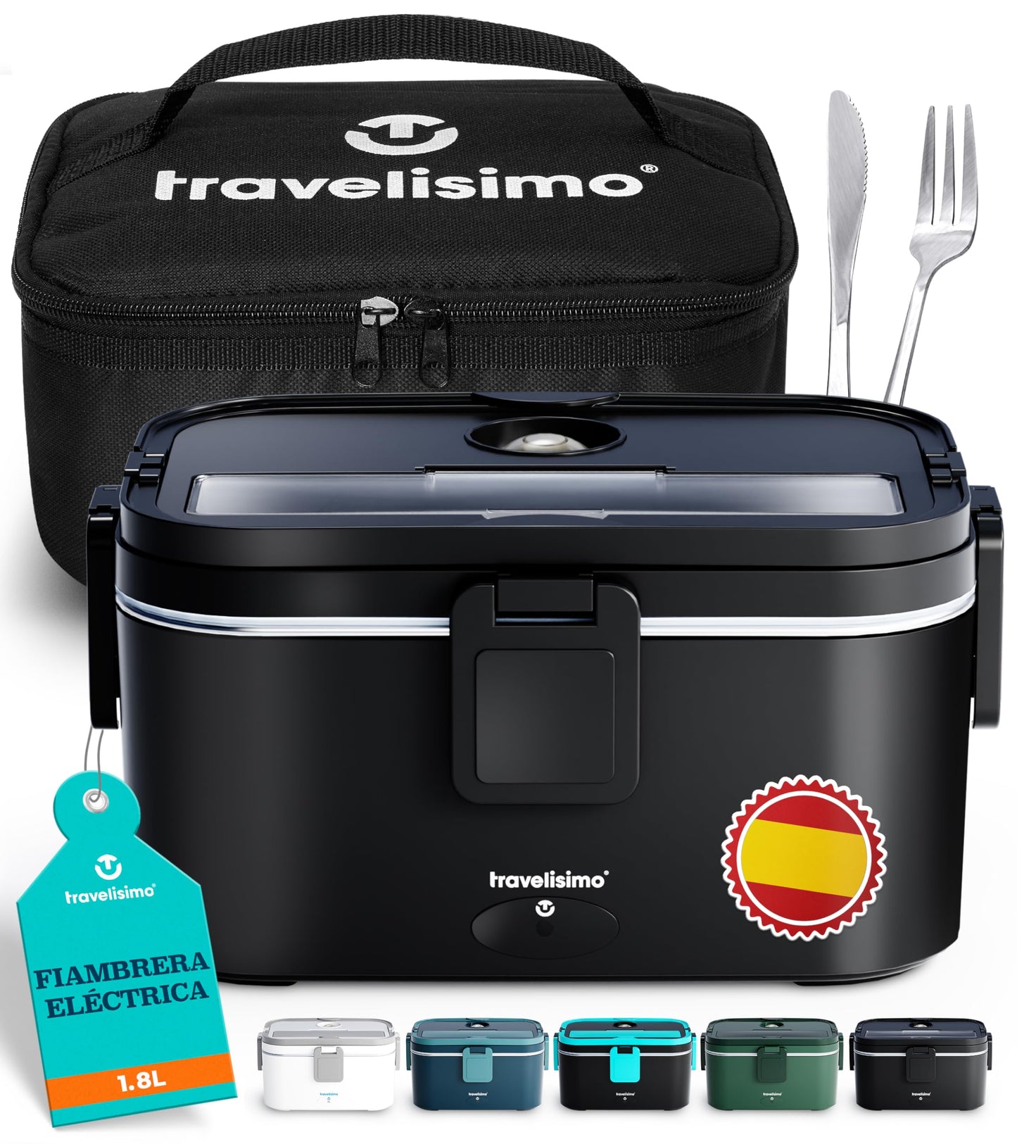 TRAVELISIMO - Fiambrera Electrica Extra Grande 1,8L - Taper Electrico para Comida 80W - Fiambrera Termica 3 en 1 12V/24V/220V - Fiambreras Comida Trabajo para Coche, Camión - Acero Inoxidable