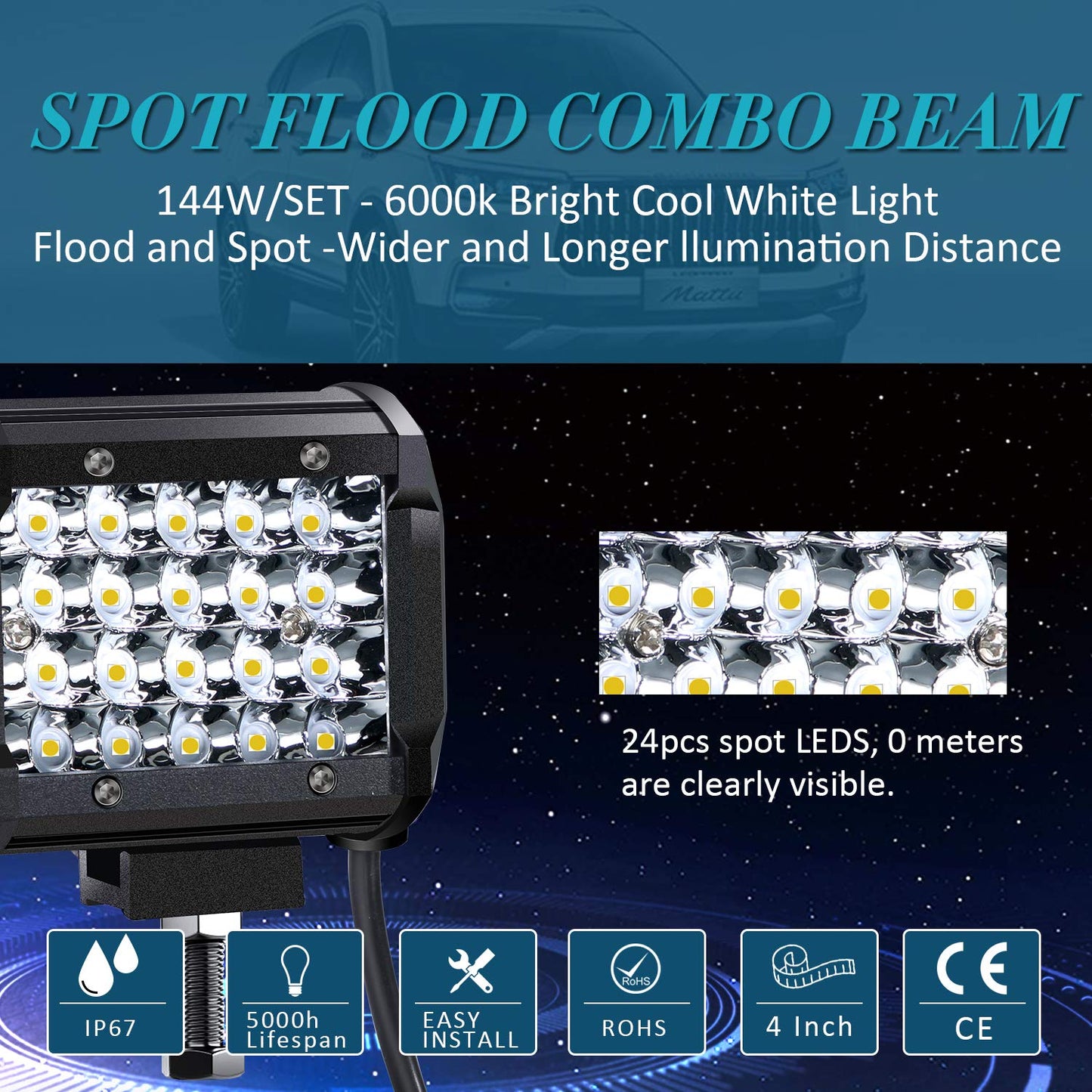Kraumi Faro Trabajo LED de Coche 12V 7’’ 300W Faros Led 27,000LM 6000K IP67 Impermeable Off-road Foco para Moto ATV SUV Tractor Camión Barco