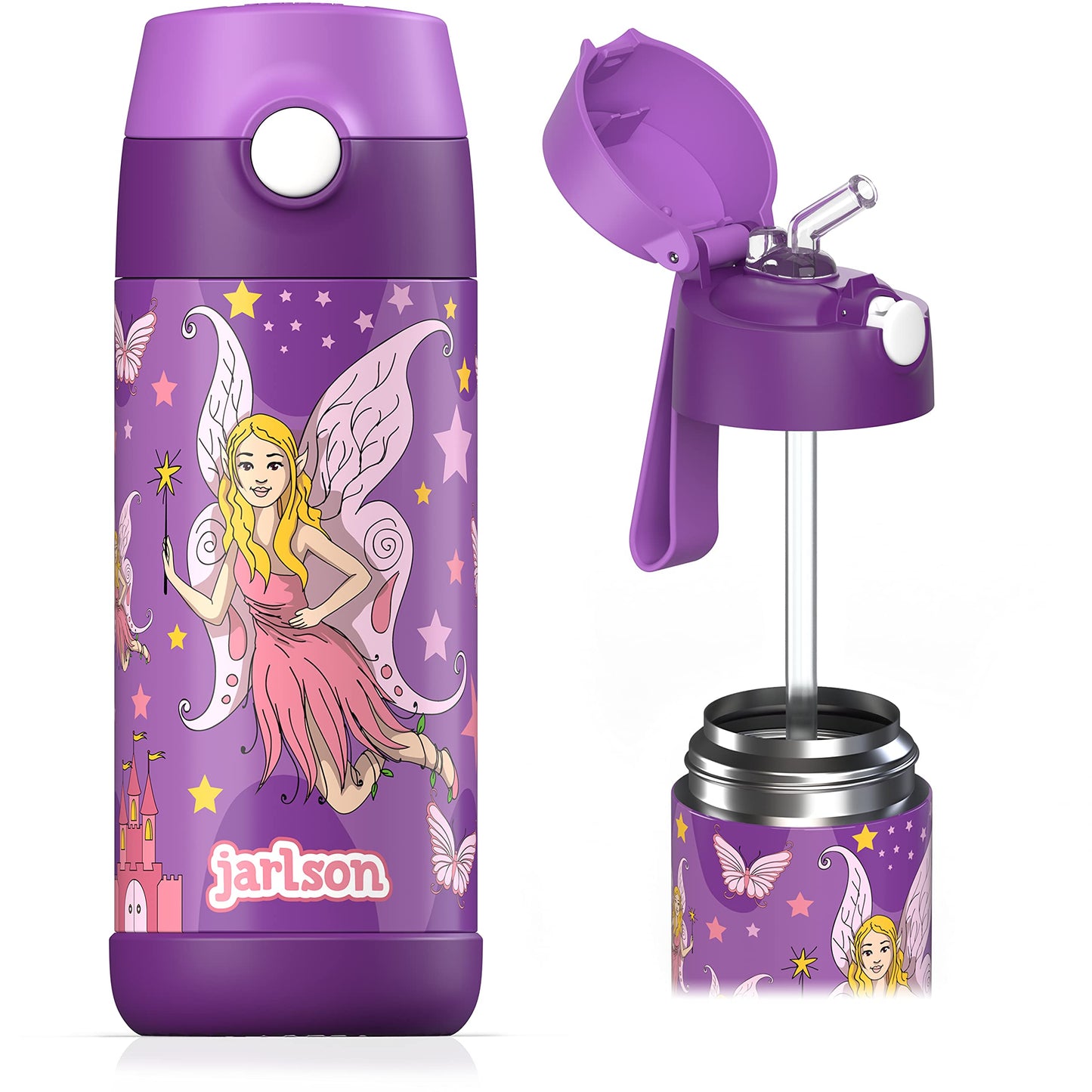 Jarlson®, Botella térmica de acero inoxidable, para niños, libre de BPA, botella para bebidas con pajilla, termo de 500 ml (Camión de bomberos rojo, 500 ml)