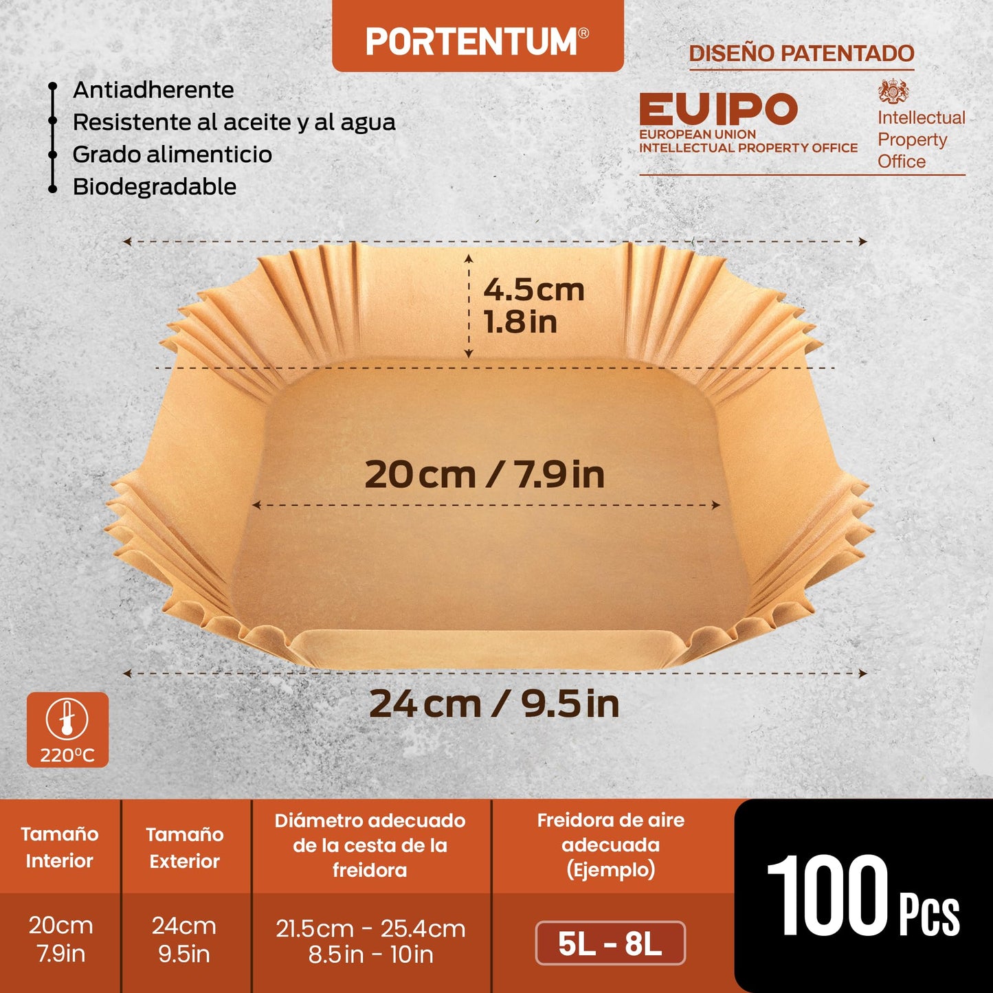 PORTENTUM Papel freidora aire 100 unidades de 20-24 cm Cuadrado. Papel Air Fryer Grado alimenticio BPA free, FDA y LFGB