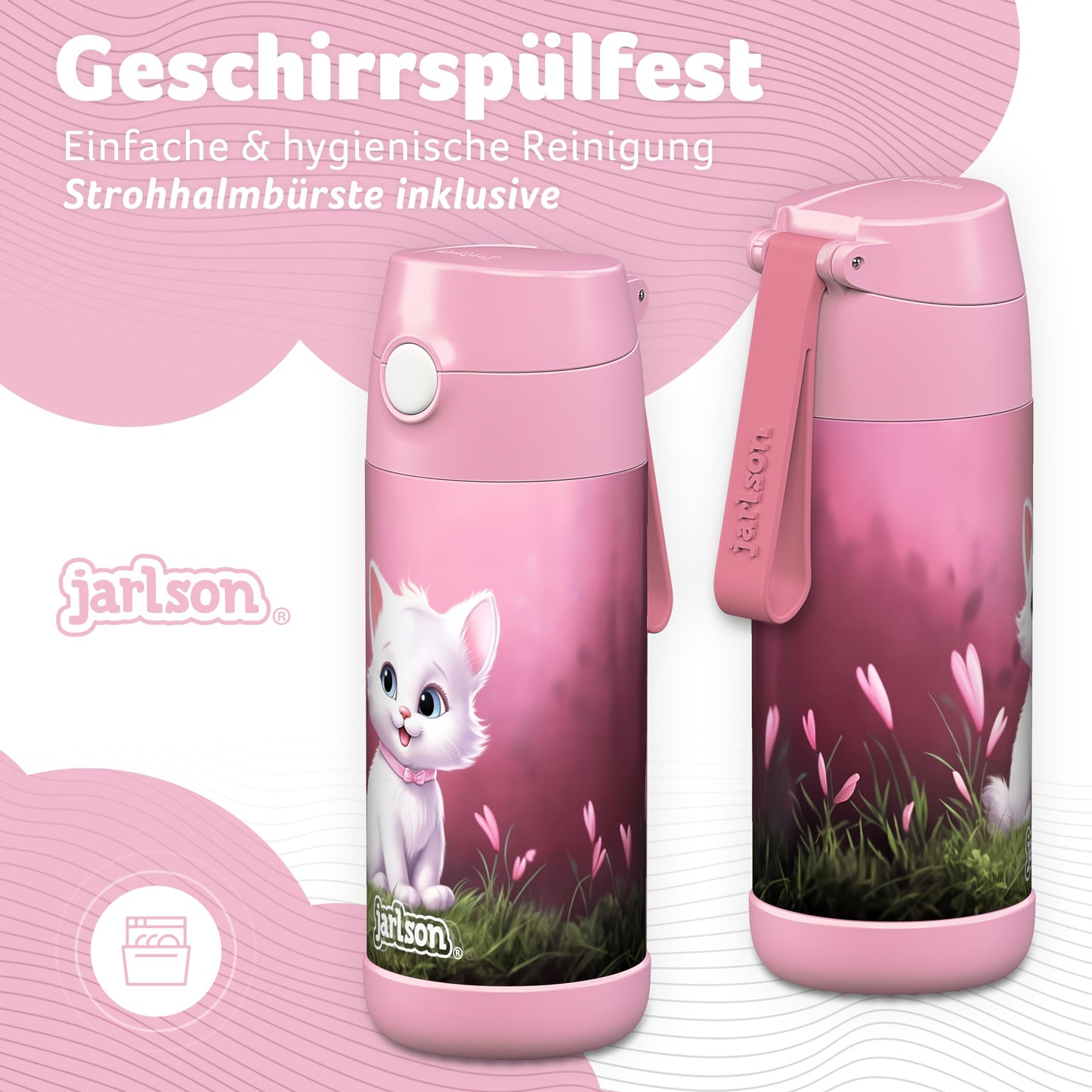 Jarlson®, Botella térmica de acero inoxidable, para niños, libre de BPA, botella para bebidas con pajilla, termo de 500 ml (Camión de bomberos rojo, 500 ml)