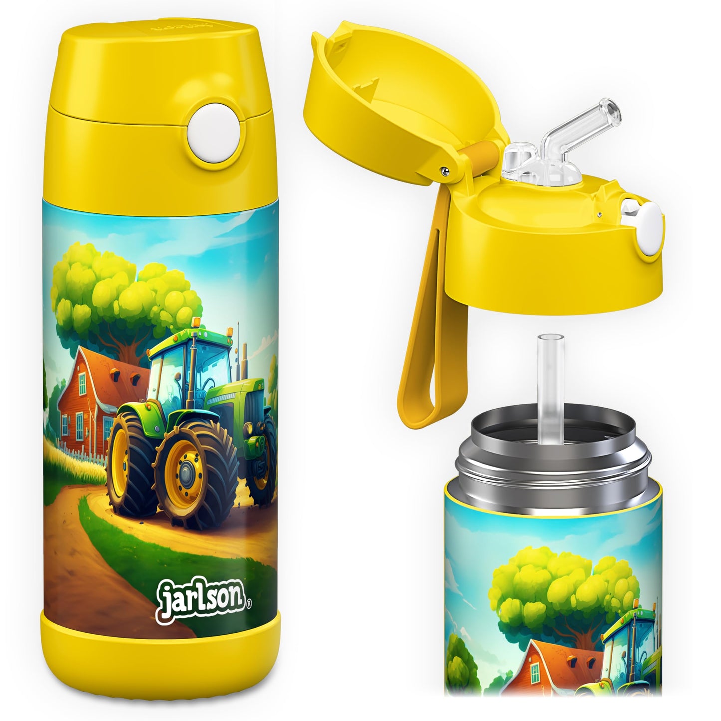Jarlson®, Botella térmica de acero inoxidable, para niños, libre de BPA, botella para bebidas con pajilla, termo de 500 ml (Camión de bomberos rojo, 500 ml)