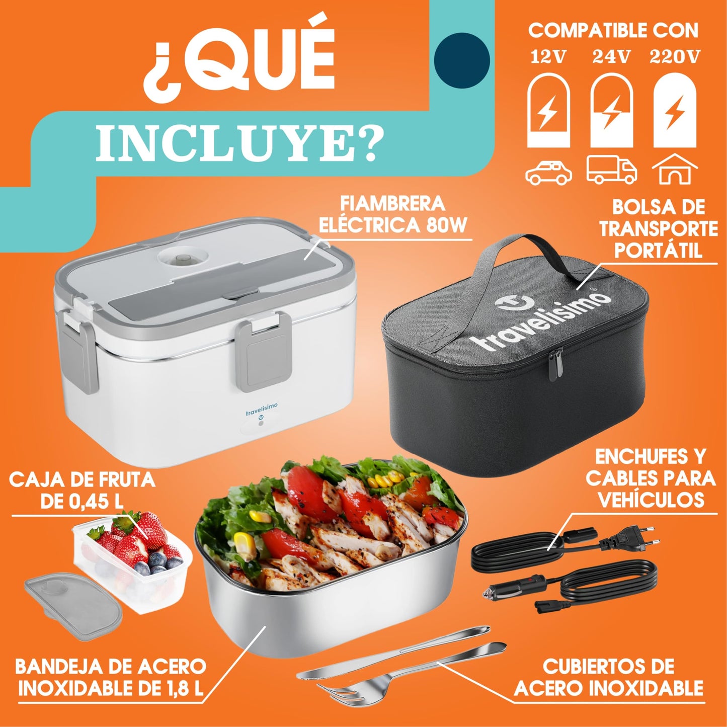 TRAVELISIMO - Fiambrera Electrica Extra Grande 1,8L - Taper Electrico para Comida 80W - Fiambrera Termica 3 en 1 12V/24V/220V - Fiambreras Comida Trabajo para Coche, Camión - Acero Inoxidable