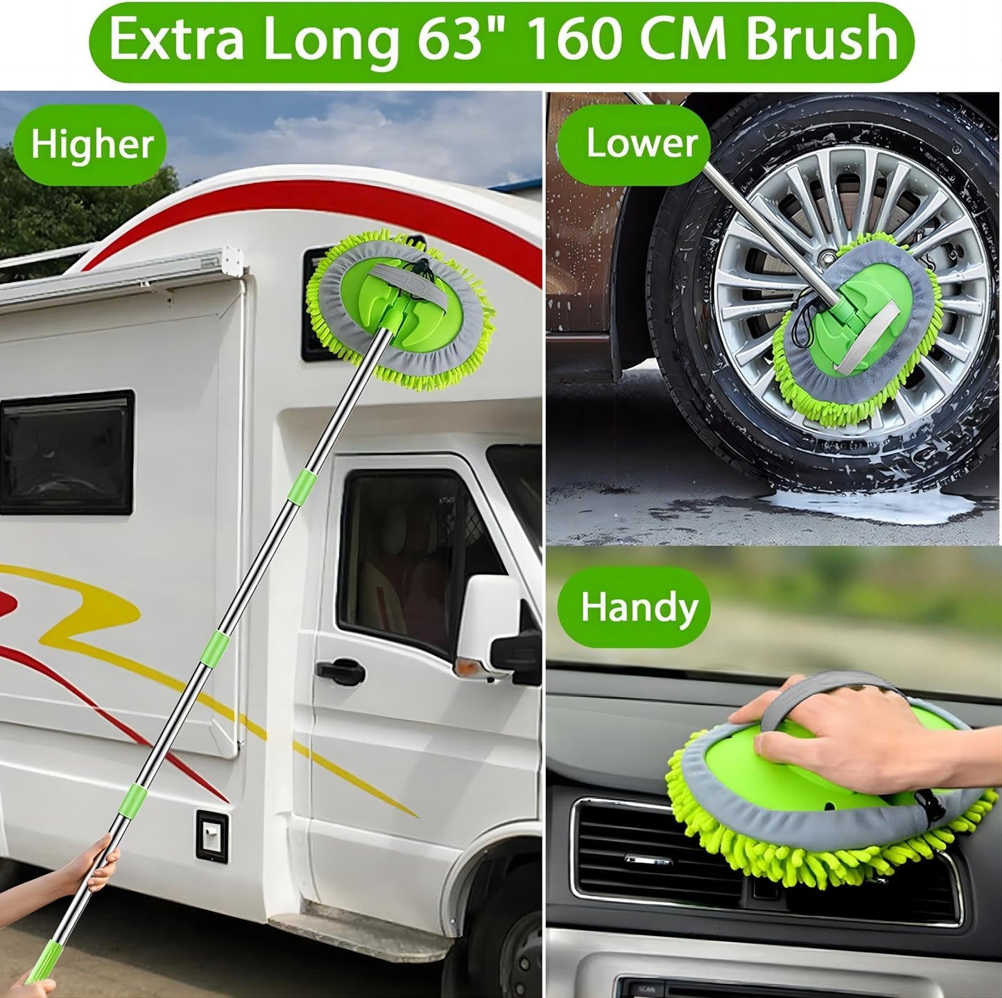 47.5" Cepillo Lavar Coche con Mango Brocha Kit Limpieza Autocaravana Automoviles Vehículos Camiones Camper 2 en 1 Chenille Microfibra Car Wash Brush Accesorios Carro No Dañar Pintura Libre Arañazos