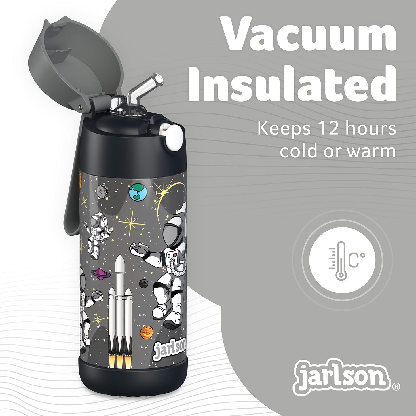 Jarlson®, Botella térmica de acero inoxidable, para niños, libre de BPA, botella para bebidas con pajilla, termo de 500 ml (Camión de bomberos rojo, 500 ml)