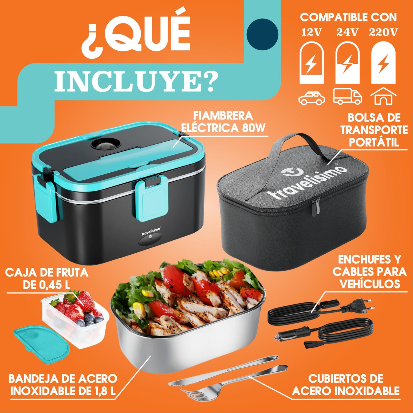 TRAVELISIMO - Fiambrera Electrica Extra Grande 1,8L - Taper Electrico para Comida 80W - Fiambrera Termica 3 en 1 12V/24V/220V - Fiambreras Comida Trabajo para Coche, Camión - Acero Inoxidable