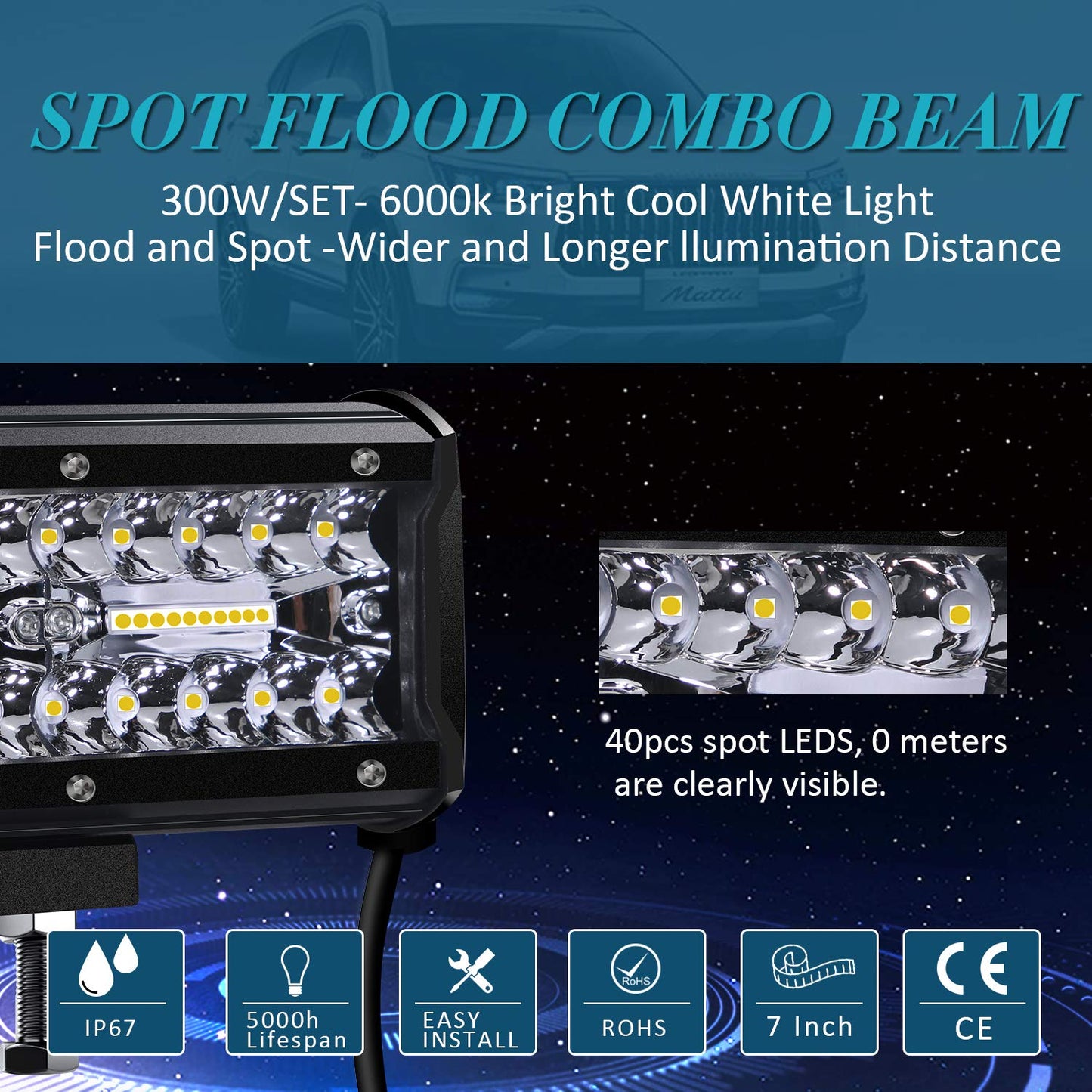 Kraumi Faro Trabajo LED de Coche 12V 7’’ 300W Faros Led 27,000LM 6000K IP67 Impermeable Off-road Foco para Moto ATV SUV Tractor Camión Barco