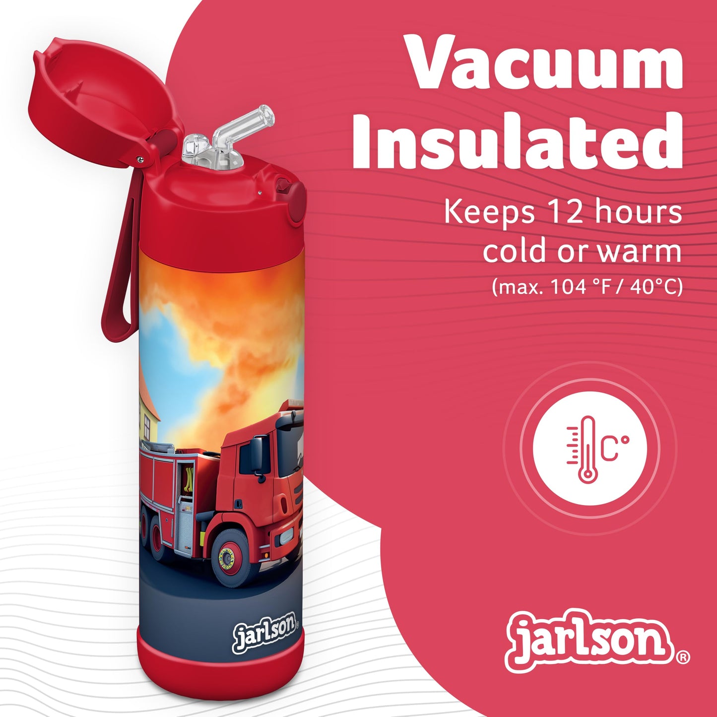 Jarlson®, Botella térmica de acero inoxidable, para niños, libre de BPA, botella para bebidas con pajilla, termo de 500 ml (Camión de bomberos rojo, 500 ml)