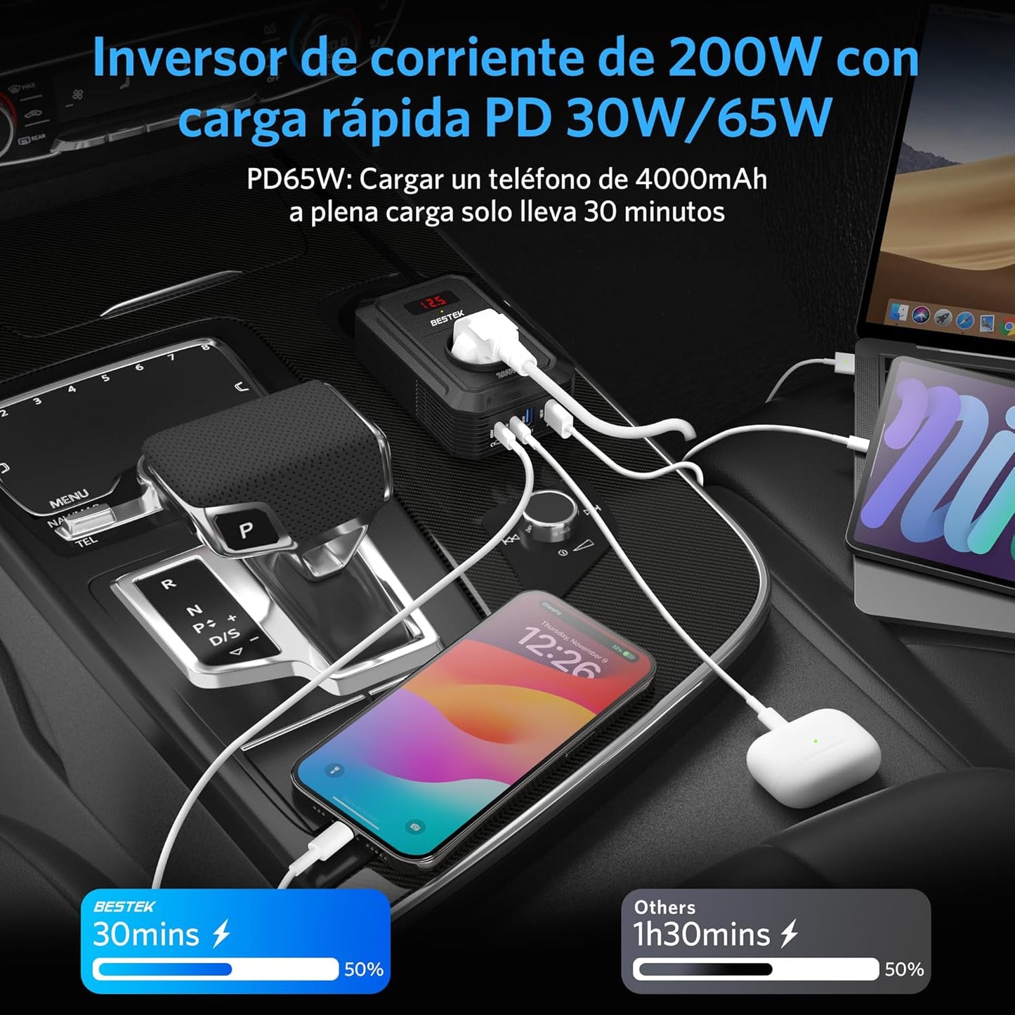 BESTEK Inversor 12v 220v Onda Pura 200W,Transformador 12V a 220V Convertidor Onda con 2 AC Tomas Y 2 USB-C (65 W y 30 W) 2 USB-QC (18 W) sinusoidal con Protección para Barco,Caravana,Coche(Negro)