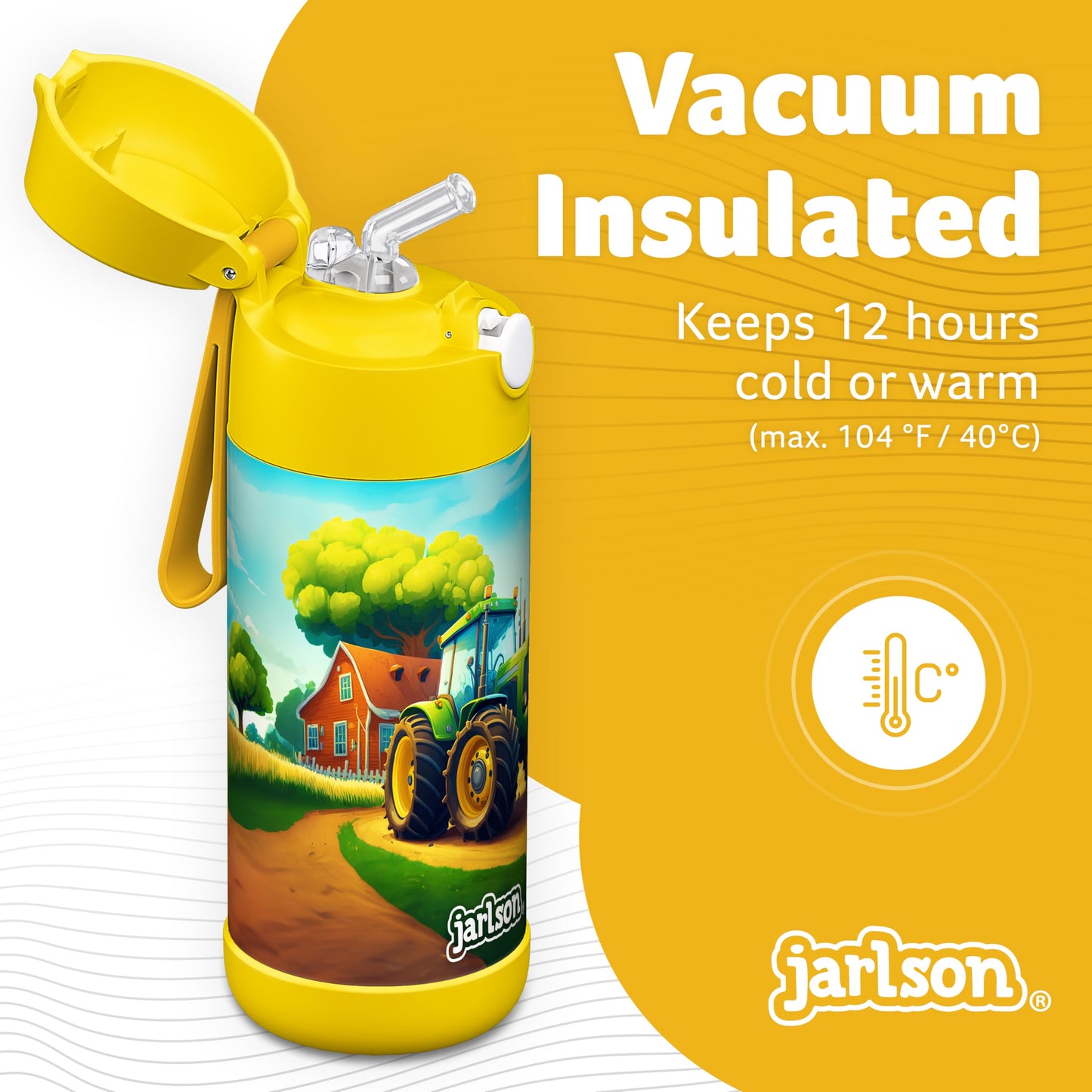 Jarlson®, Botella térmica de acero inoxidable, para niños, libre de BPA, botella para bebidas con pajilla, termo de 500 ml (Camión de bomberos rojo, 500 ml)