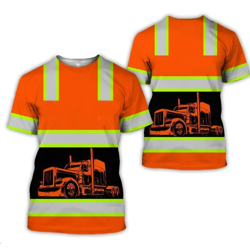 Workwear Summer Breathable Mens T Shirt 3D Print Style Truck Driver Safety Transport Uniform Oversize Loose Top