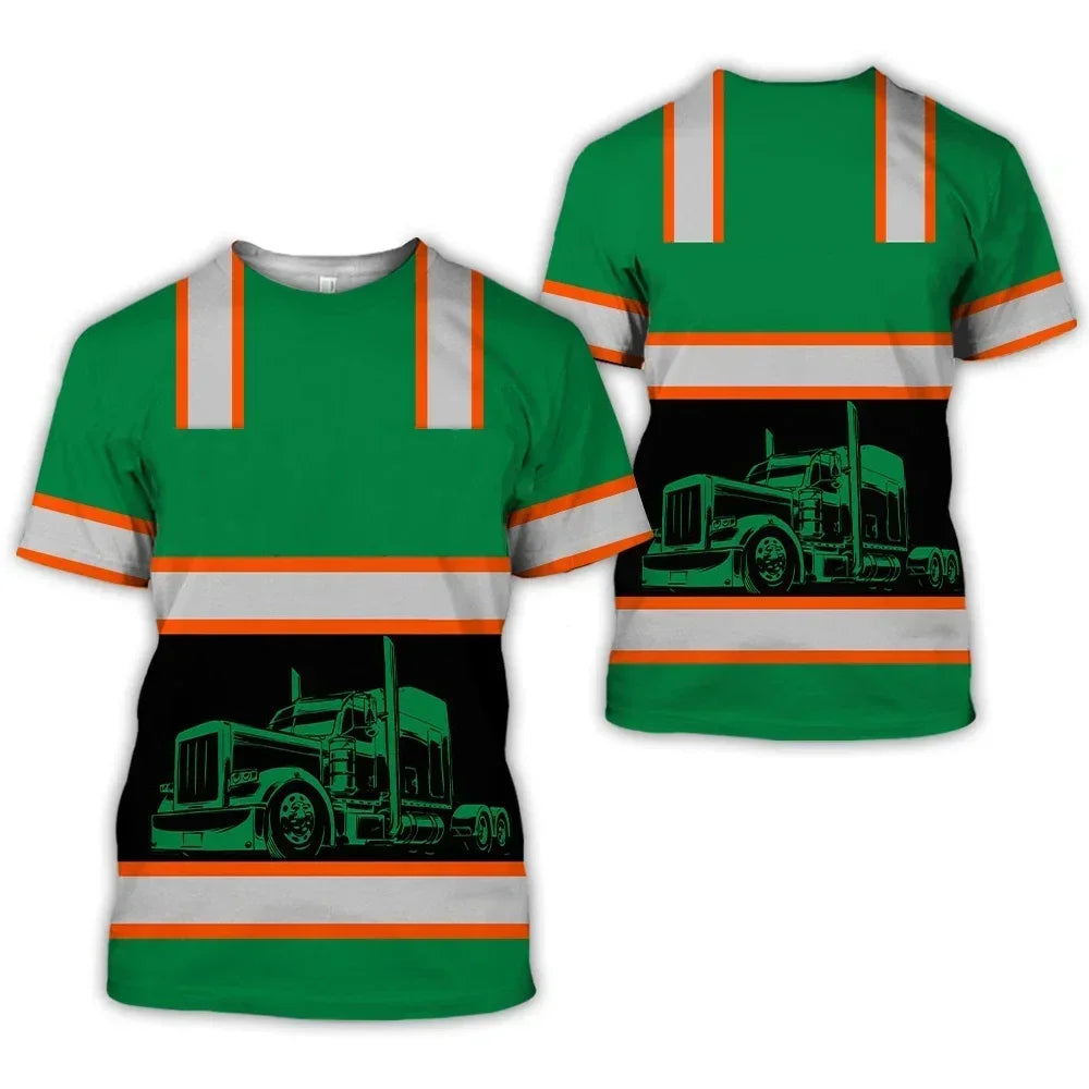 Workwear Summer Breathable Mens T Shirt 3D Print Style Truck Driver Safety Transport Uniform Oversize Loose Top