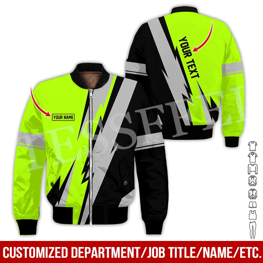 Custom Name Cosplay Worker Heavy Equipment Tow Truck Retro 3D Print Bomber Jacket Winter Harajuku Oversize Casual Flight Coat X1