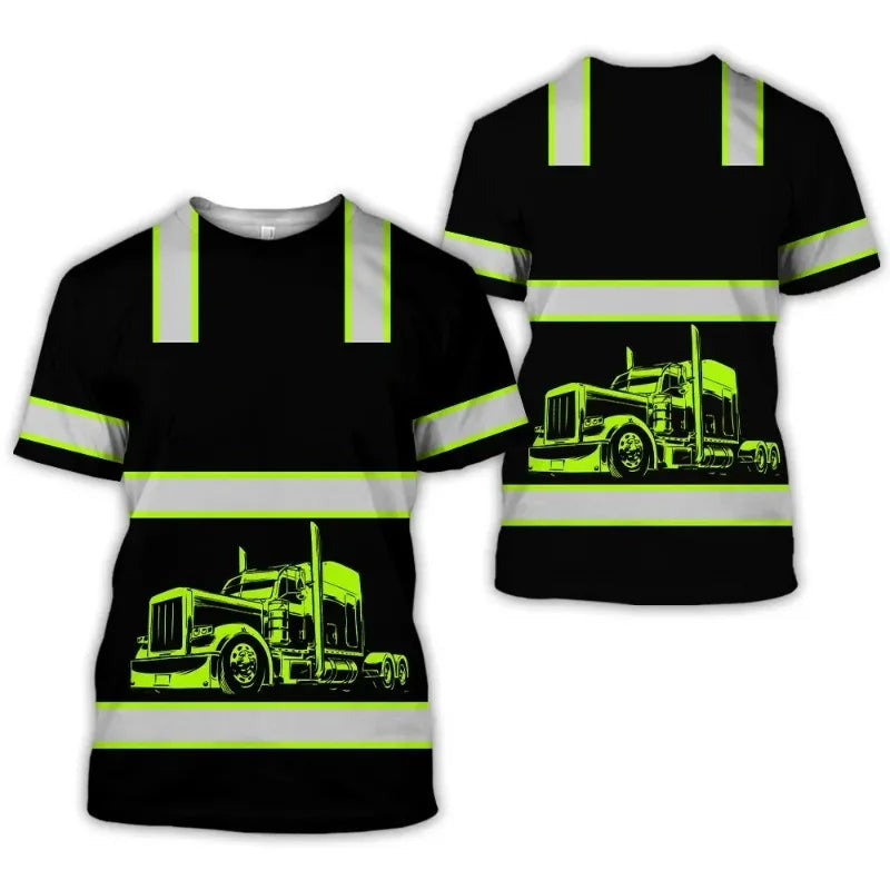 Workwear Summer Breathable Mens T Shirt 3D Print Style Truck Driver Safety Transport Uniform Oversize Loose Top