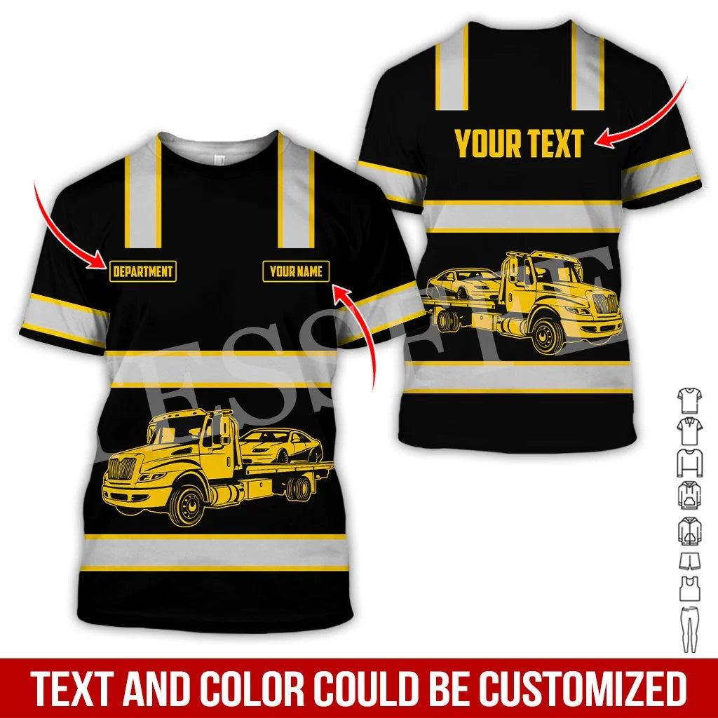 Custom Name Cosplay Worker Heavy Equipment Tow Truck Multicolor Retro Harajuku 3DPrint Streetwear Summer T-Shirts Short Sleeve B