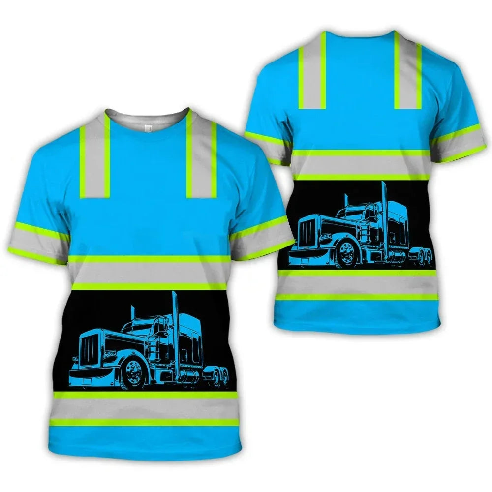 Workwear Summer Breathable Mens T Shirt 3D Print Style Truck Driver Safety Transport Uniform Oversize Loose Top