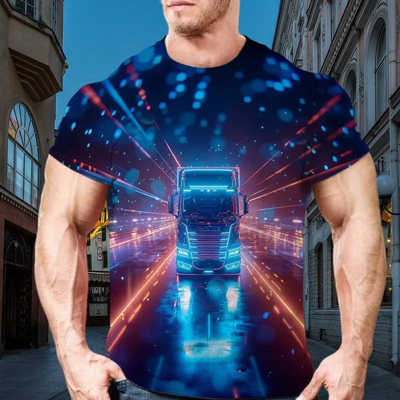 Fashion Summer Truck Pattern Printed Men's Cool T-Shirt New Creative Large Size Leisure Truck Driver Short Sleeve Quality Top